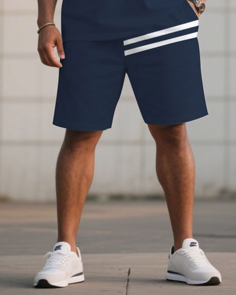 Big & Tall White Blue Colorblock T-Shirt Shorts Set for big men view 3