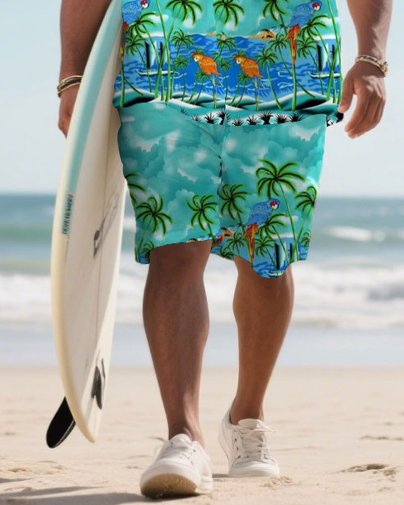 Big & Tall Green Hawaiian Graphic T-Shirt Shorts Set for big men view 3