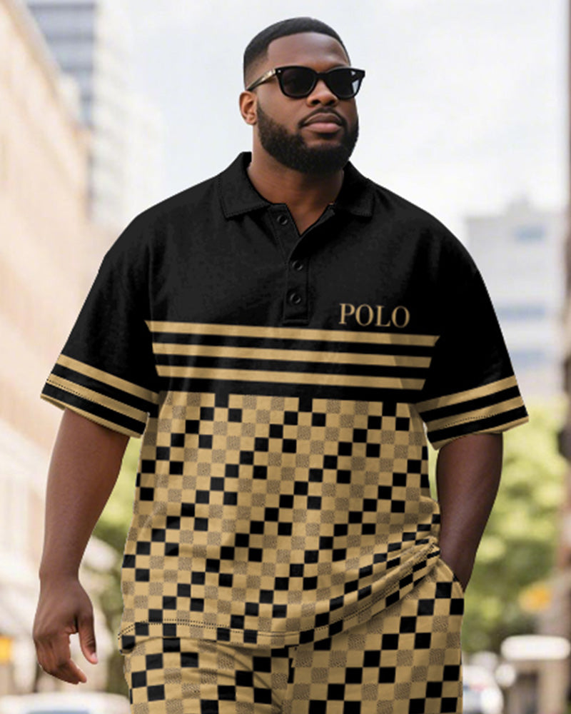 Big & Tall Black Yellow Graphic Polo Shorts Set for big men view 2