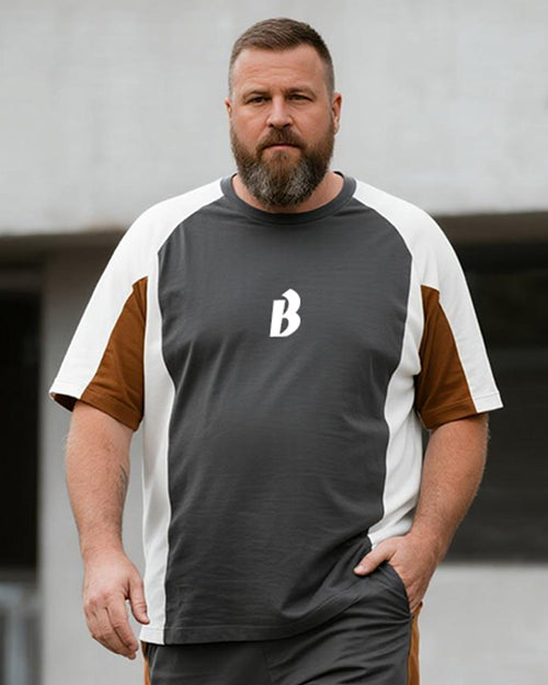 Big & Tall Gray Graphic Patchwork T-Shirt Shorts Set for big men view 2