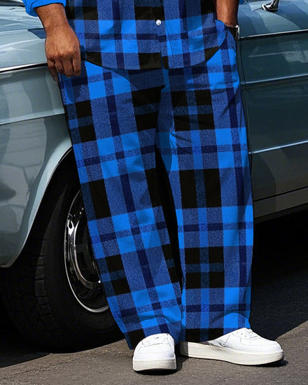 Big & Tall Black Blue Plaid T-Shirt Pants Set for big men view 3