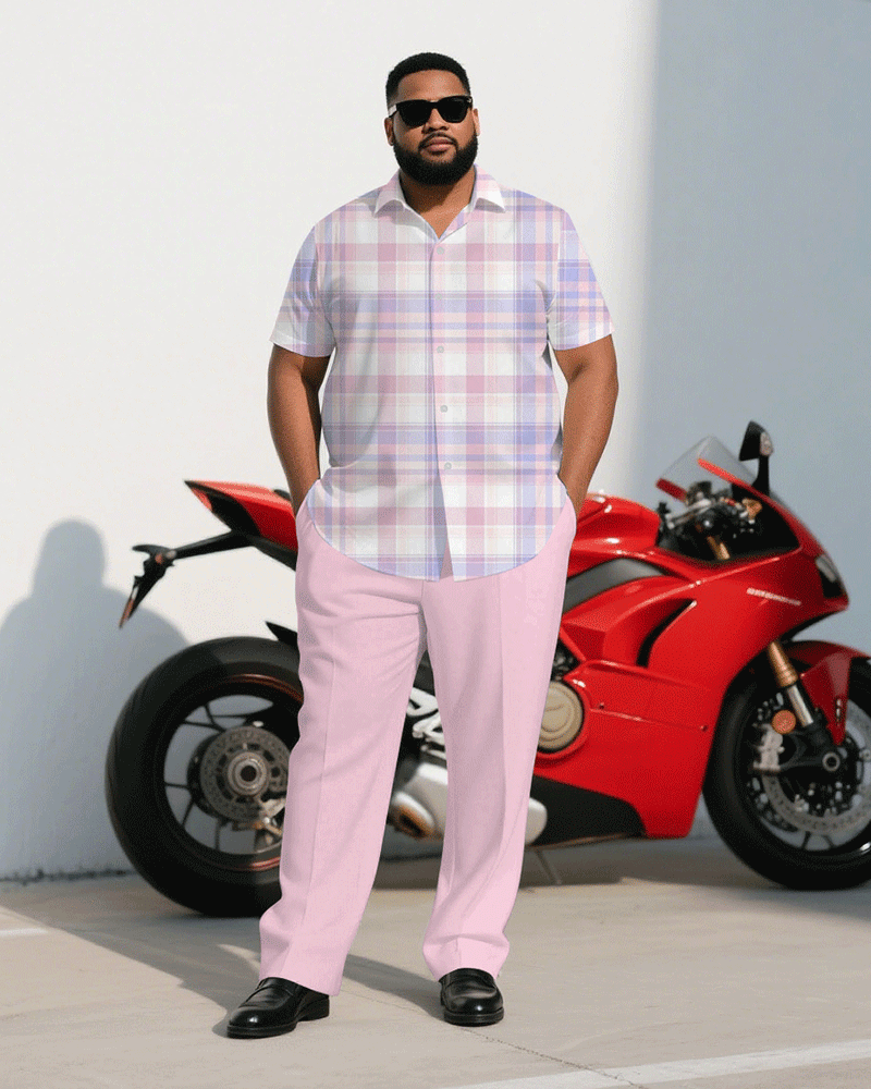 Big & Tall Pink Plaid T-Shirt Pants Set for big men view 1