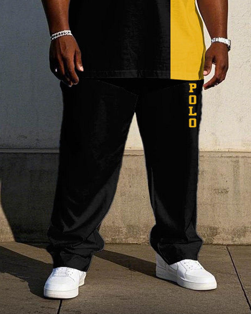 Big & Tall Black Yellow Colorblock T-Shirt Pants Set for big men view 3