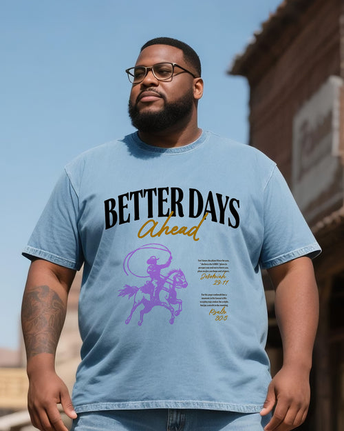 Light blue western graphic short sleeve T-shirt with Better Days Ahead text
