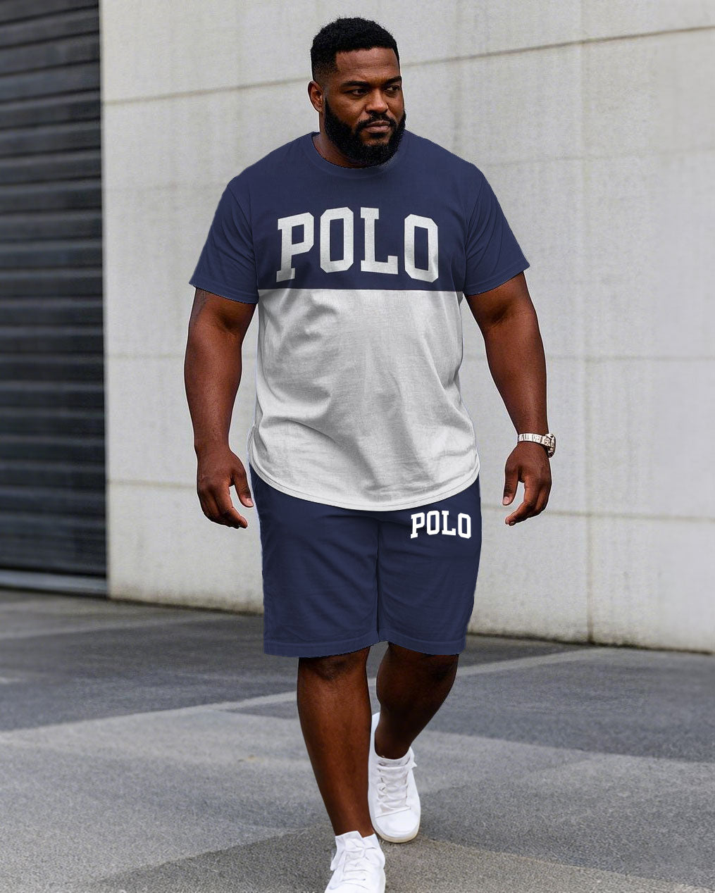 Big & Tall White Blue Colorblock T-Shirt Shorts Set for big men view 1