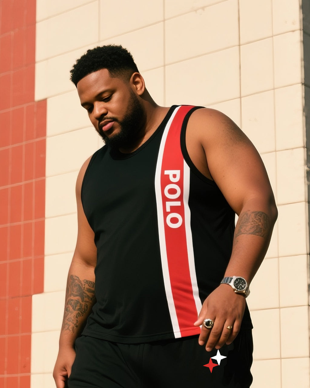 Big & Tall Black Red Graphic Vest Pants Set for big men view 2