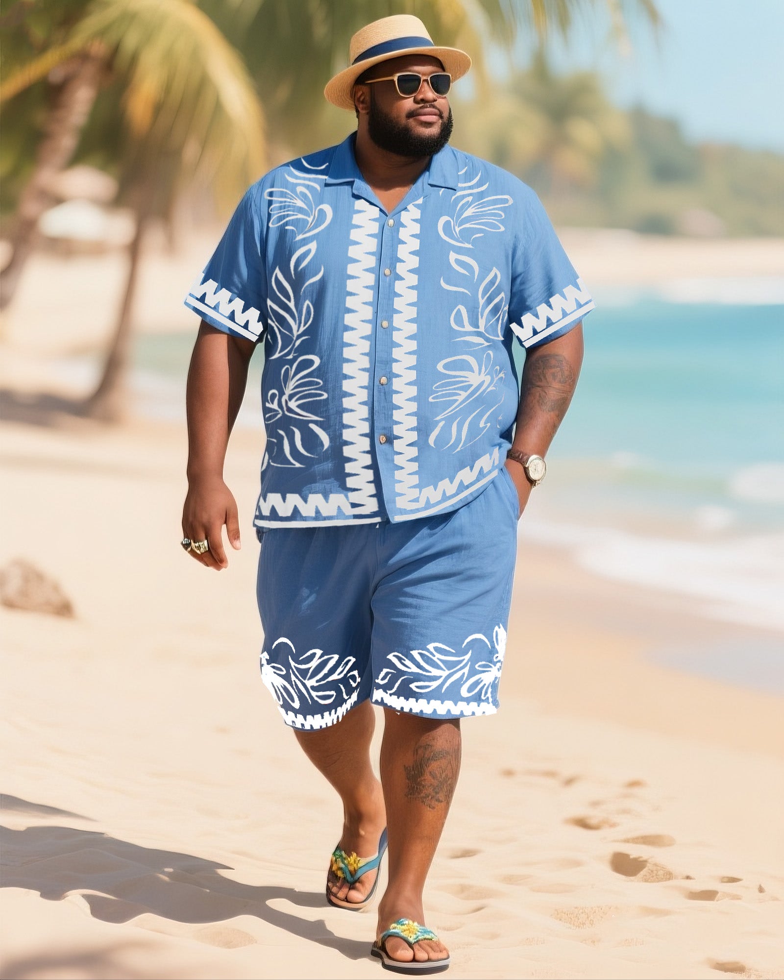 Big & Tall White Blue Striped T-Shirt Shorts Set for big men view 1