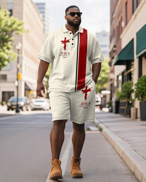 Big & Tall Colorblock Striped Graphic Polo Shorts Set for big men view 1