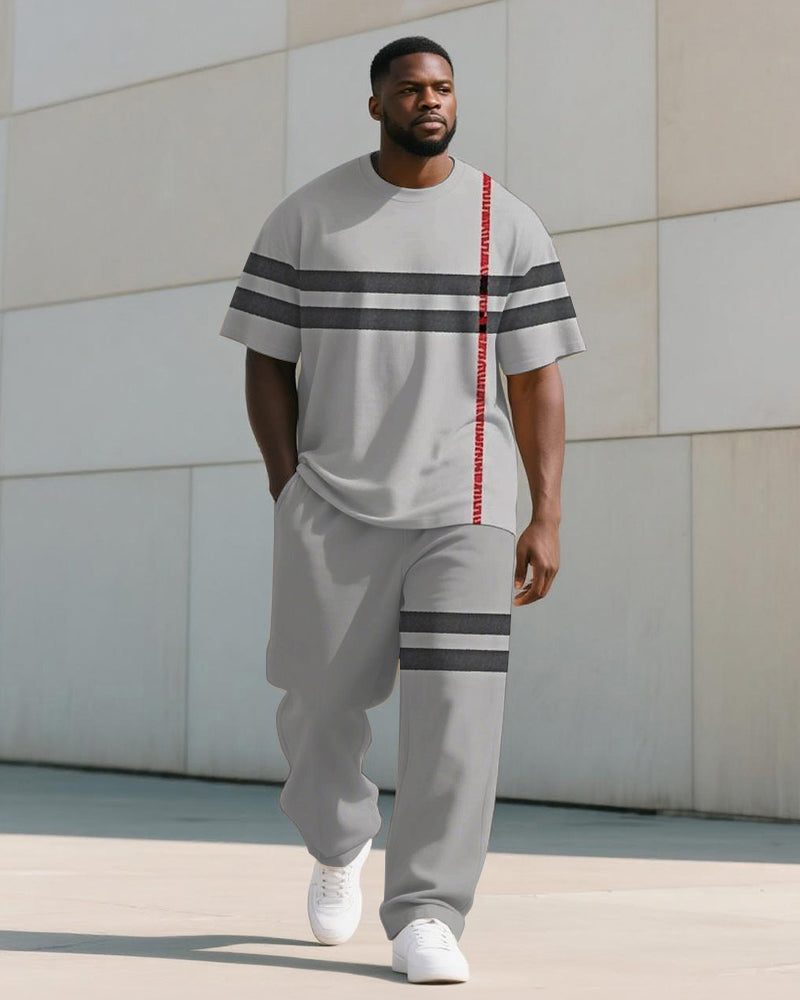 Big & Tall Gray Colorblock Striped T-Shirt Pants Set for big men view 1