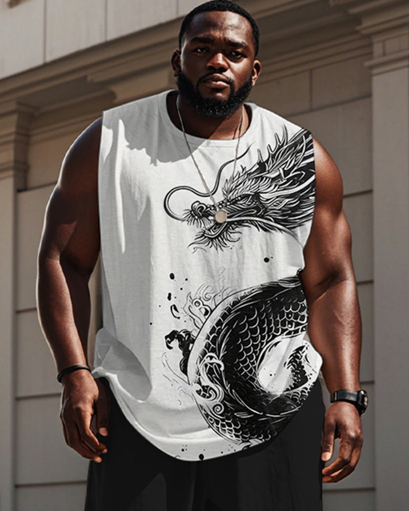 Big & Tall Black Graphic Streetwear Vest Pants Set for big men view 2