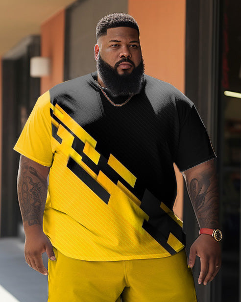Big & Tall Black Yellow Colorblock T-Shirt Shorts Set for big men view 2