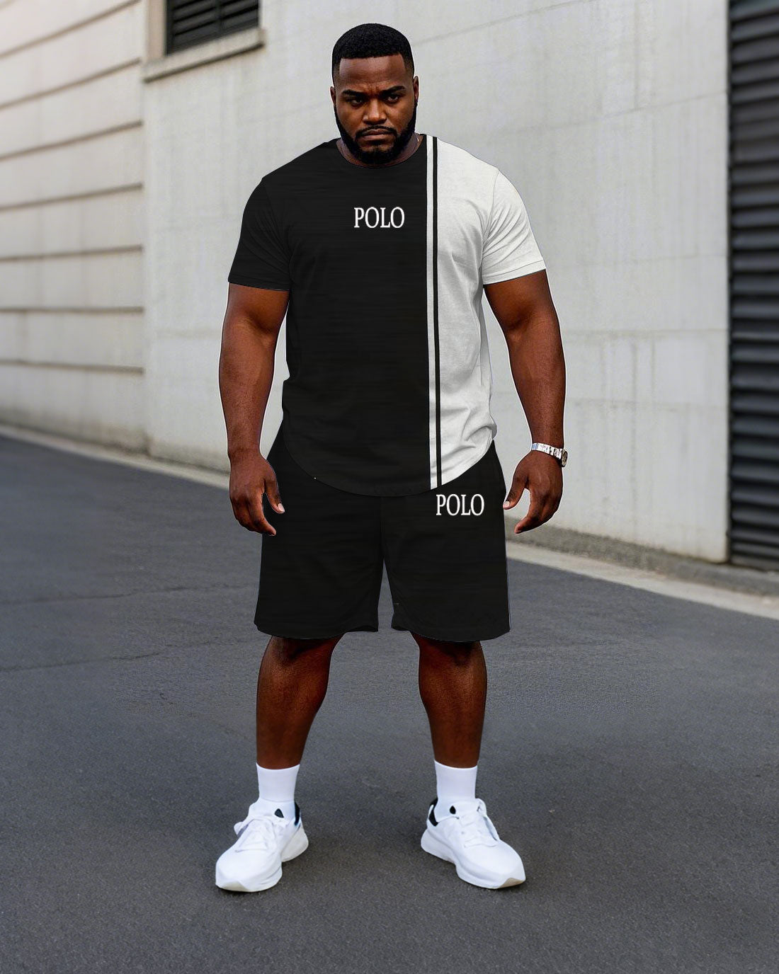 Big & Tall Black White Colorblock T-Shirt Shorts Set for big men view 1