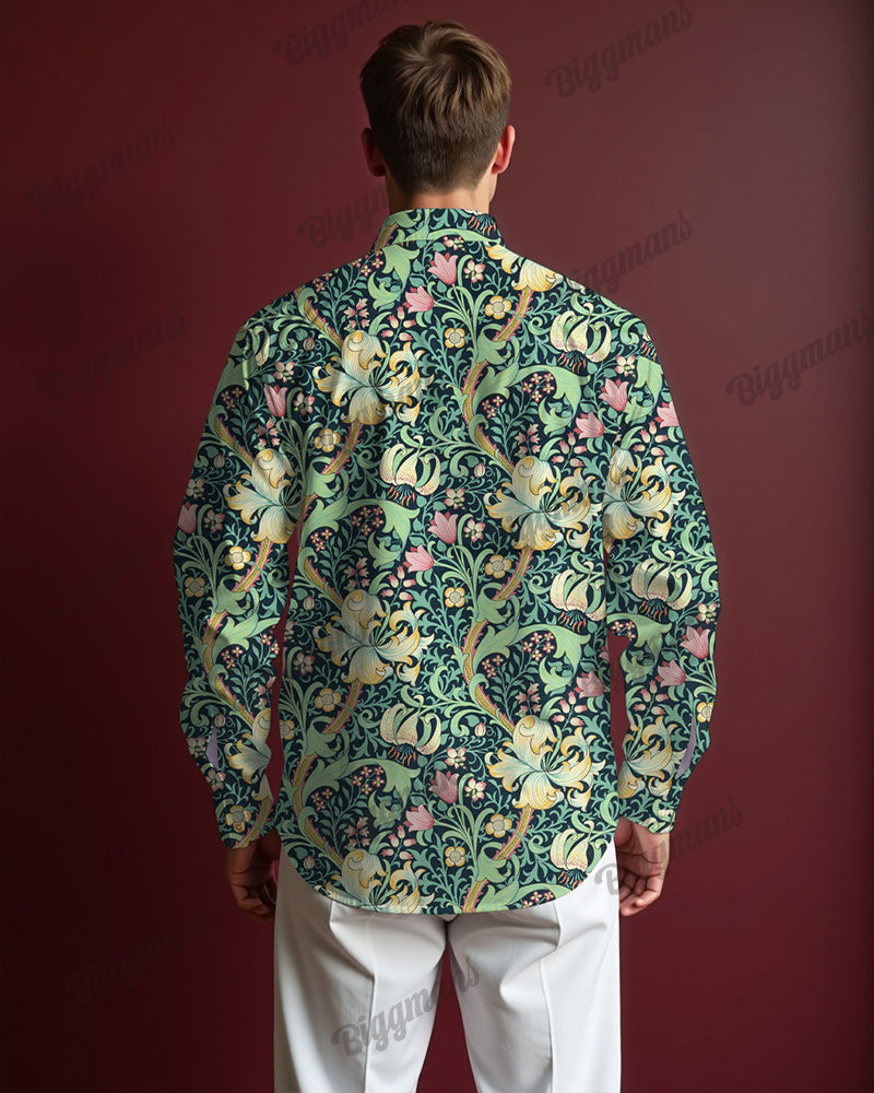 Big & Tall Green Hawaiian Long Sleeve Shirt for big men view 2