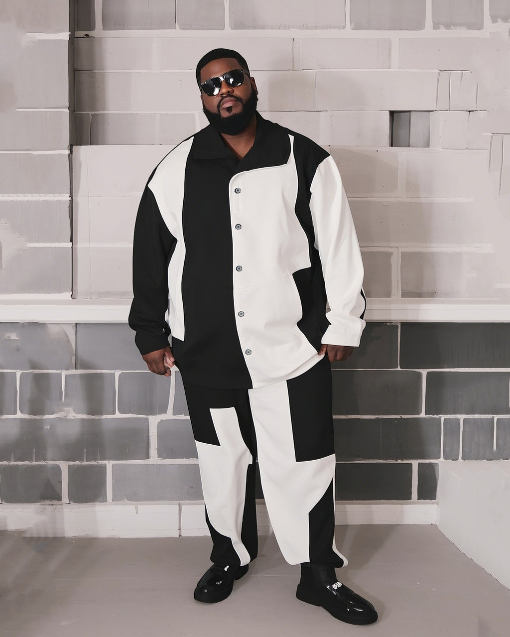 Big & Tall Black White Colorblock T-Shirt Pants Set for big men view 1