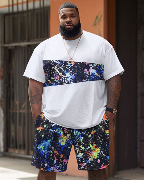 Big & Tall Patchwork Streetwear T-Shirt Shorts Set for big men view 1