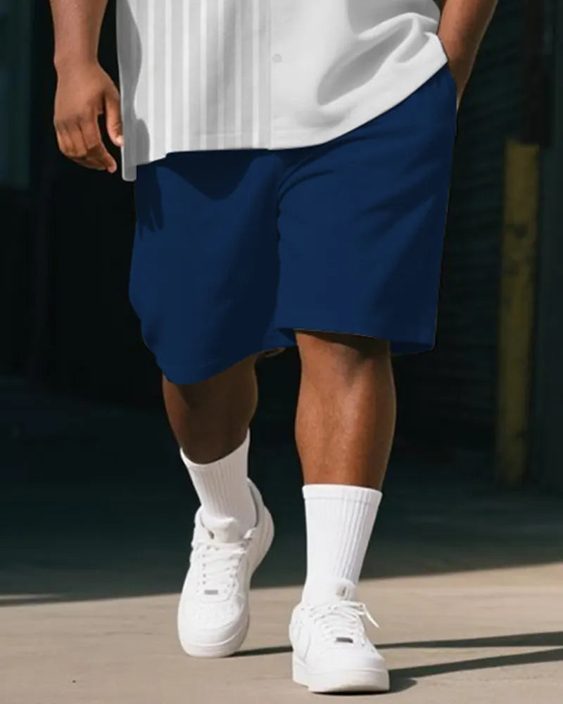 Big & Tall Blue Geometric Striped T-Shirt Shorts Set for big men view 3