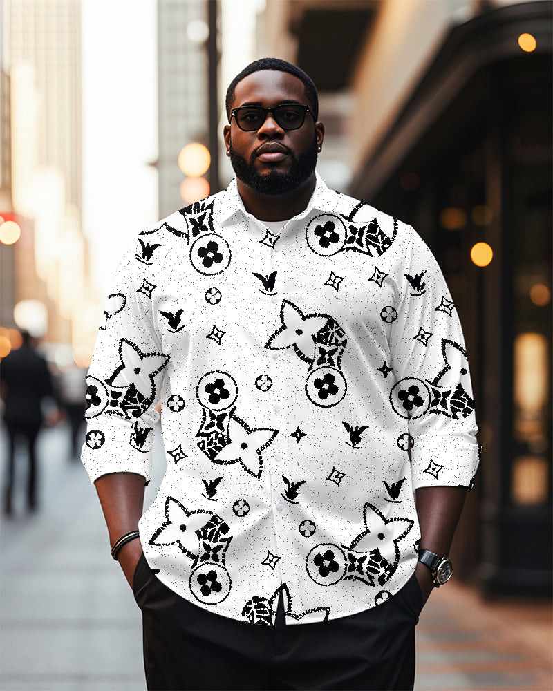 Big & Tall Black White Geometric Long Sleeve Shirt for big men view 2