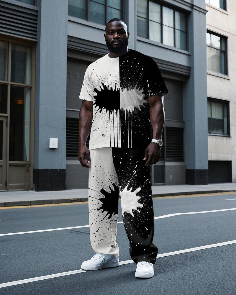 Big & Tall Black White Colorblock T-Shirt Pants Set for big men view 1