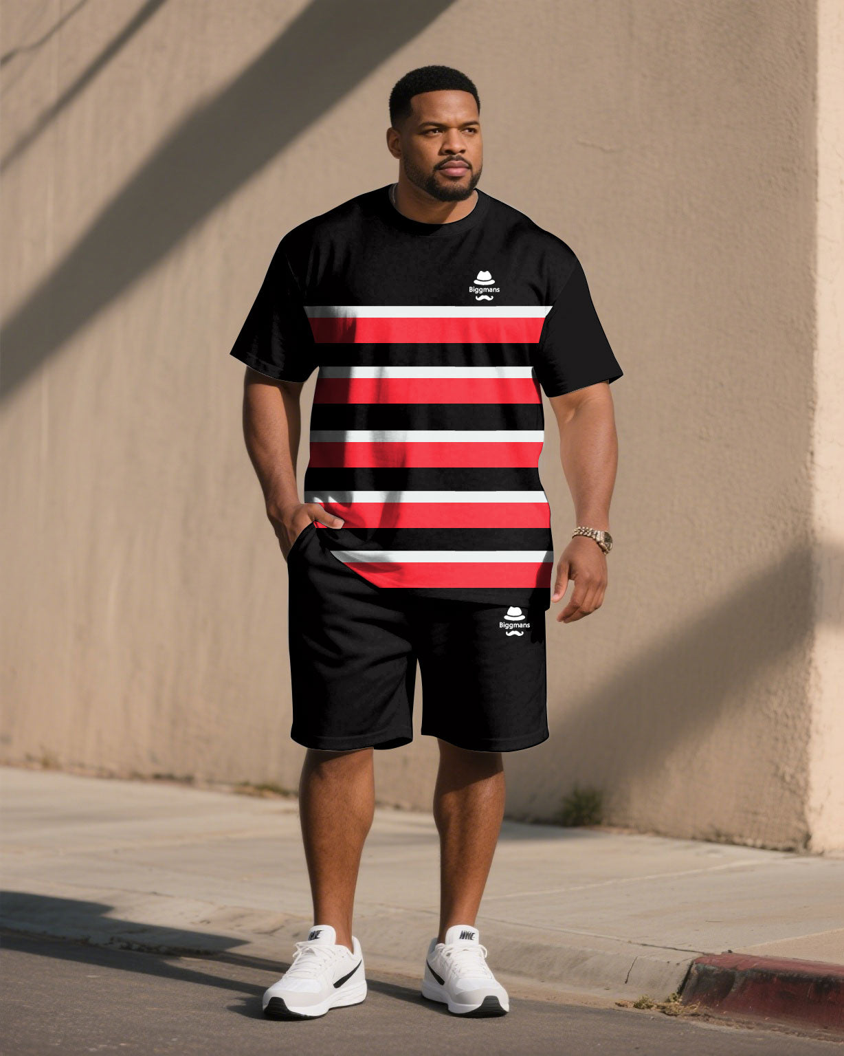 Big & Tall Black White Striped T-Shirt Shorts Set for big men view 1