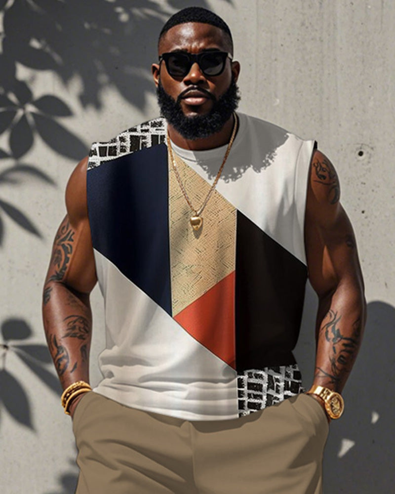Big & Tall Khaki Colorblock Geometric Vest Pants Set for big men view 2