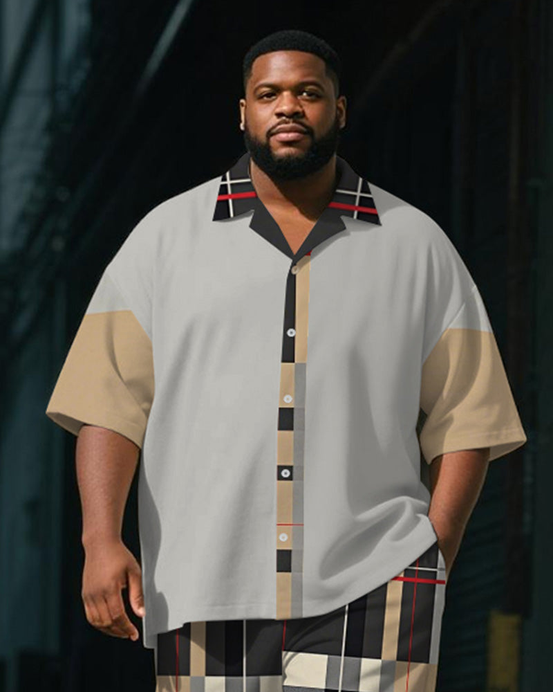 Big & Tall Black Khaki Plaid T-Shirt Shorts Set for big men view 2