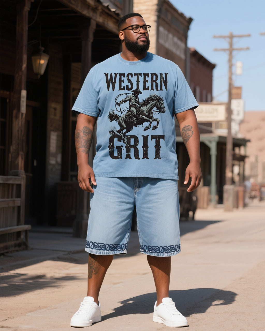 Big & Tall Western Denim T-Shirt Shorts Set for big men view 1