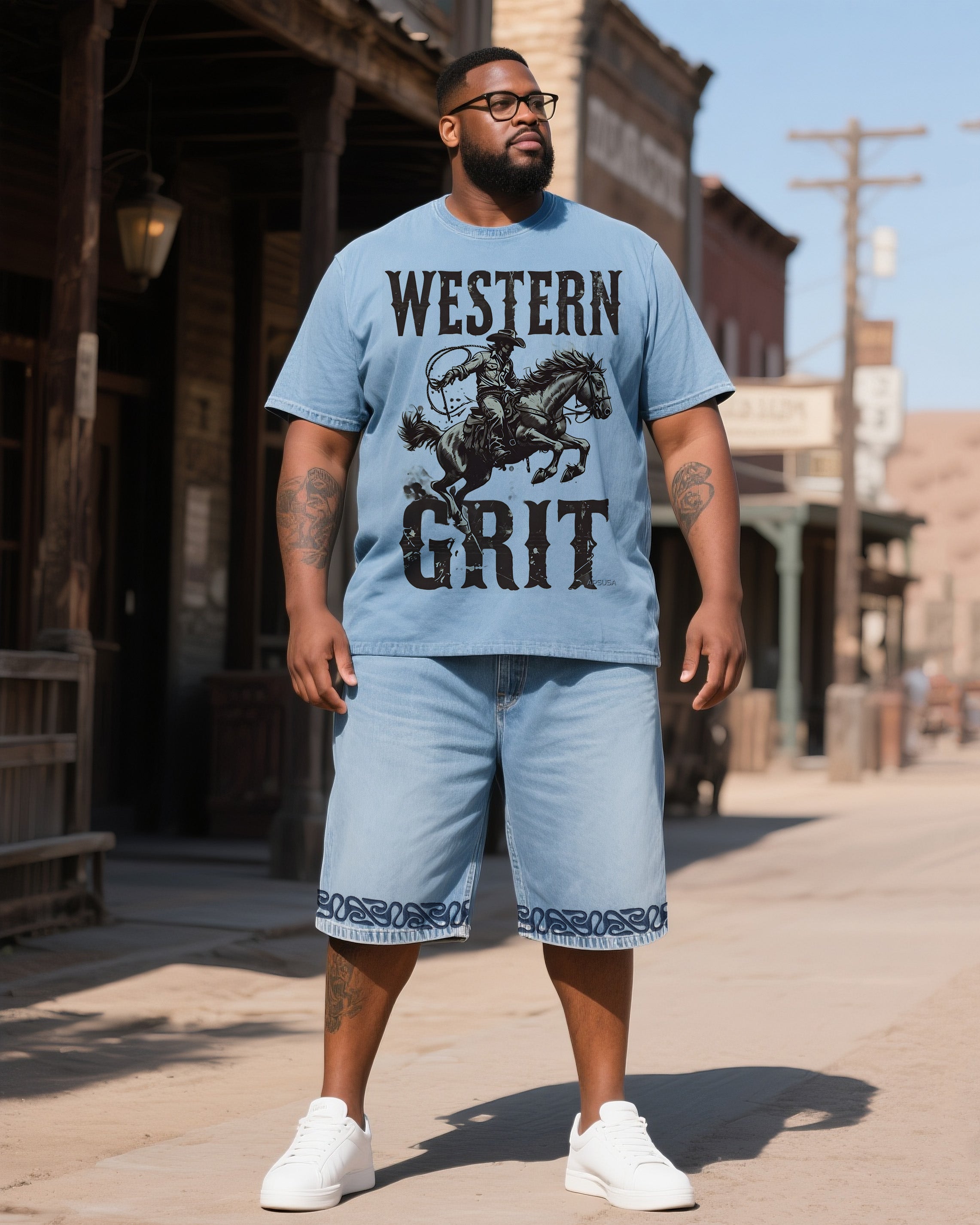 Big & Tall Western Denim T-Shirt Shorts Set for big men view 1