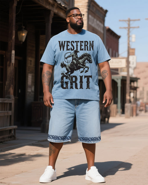 Big & Tall Western Denim T-Shirt Shorts Set for big men view 1