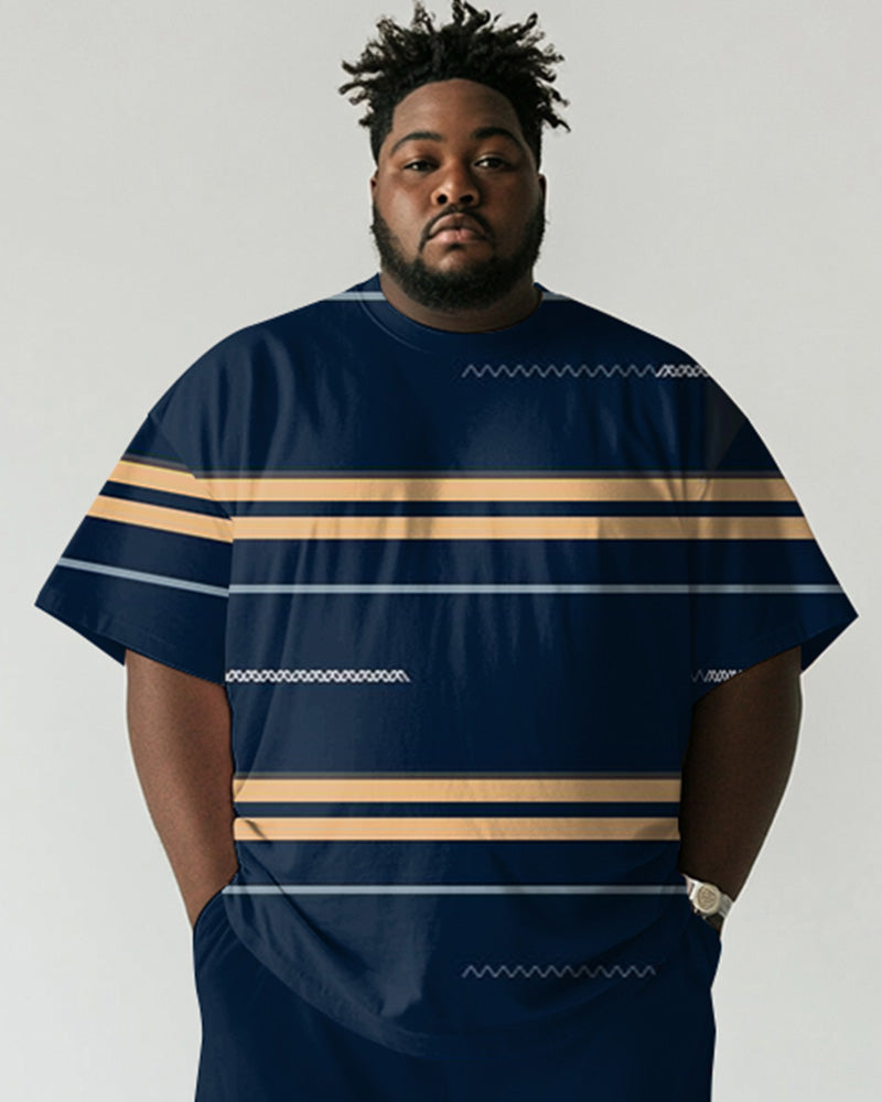 Big & Tall Blue Striped Graphic T-Shirt Shorts Set for big men view 2