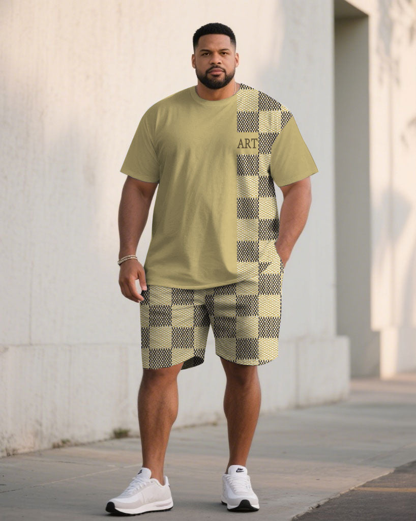 Big & Tall Khaki Patchwork T-Shirt Shorts Set for big men view 1