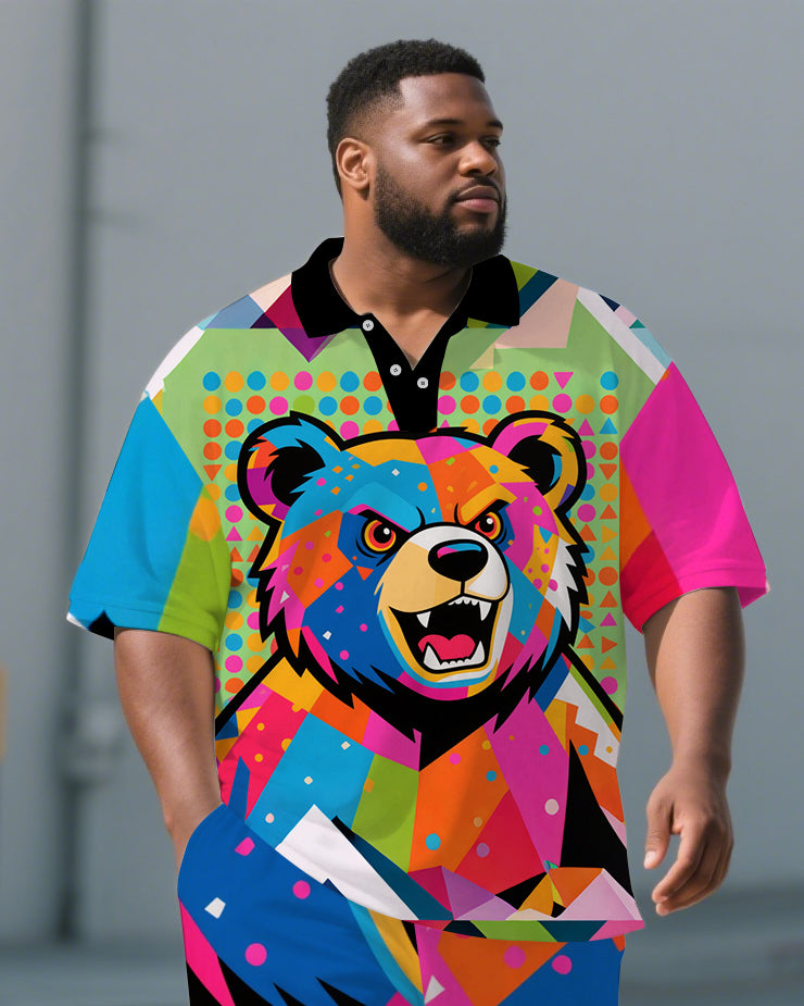 Big & Tall Colorblock Geometric Polo Shorts Set for big men view 2