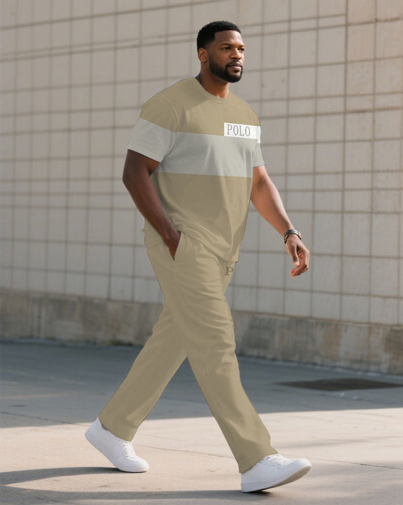 Big & Tall Khaki Colorblock T-Shirt Pants Set for big men view 2