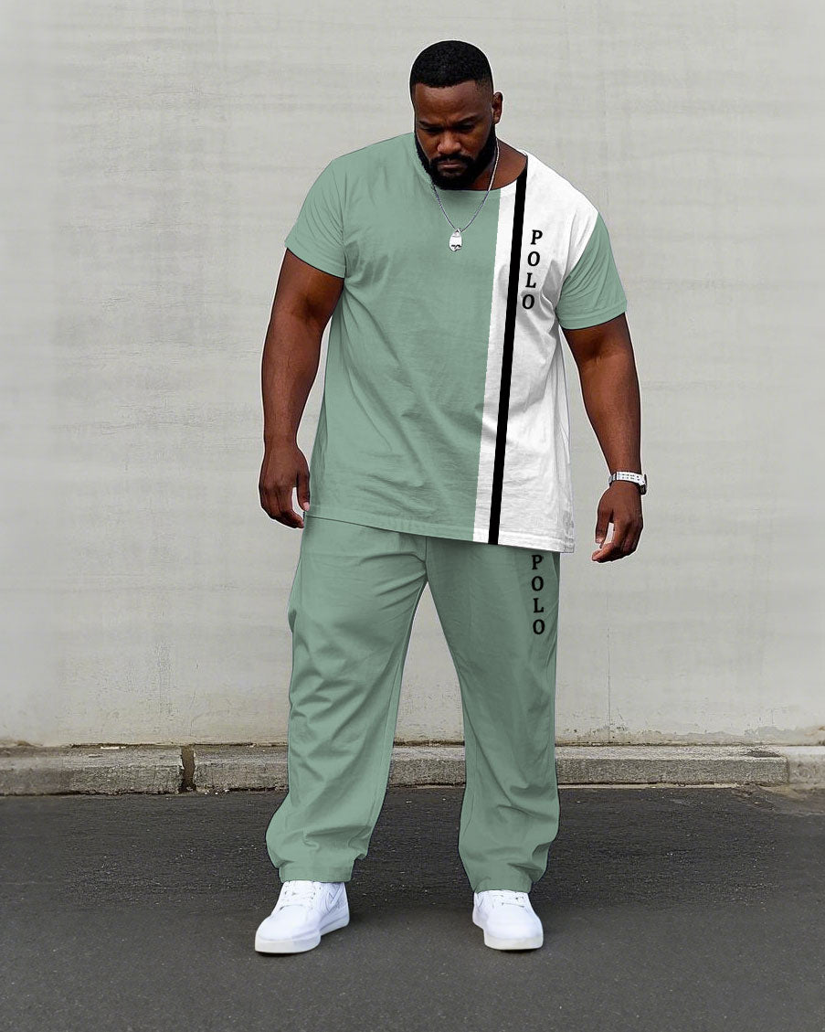 Big & Tall White Green Colorblock T-Shirt Pants Set for big men view 1