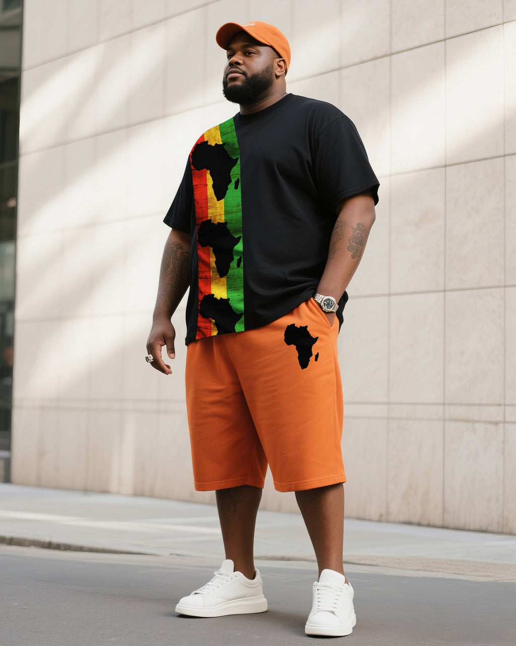 Big & Tall Black Orange Striped T-Shirt Shorts Set for big men view 1