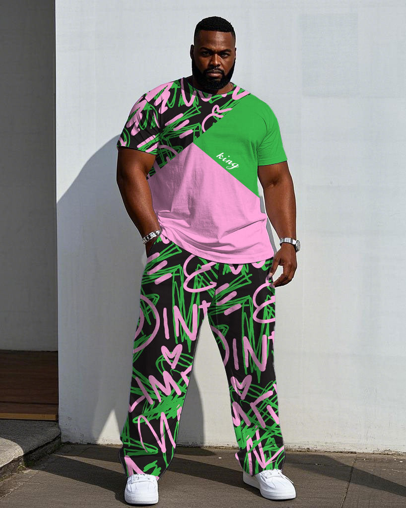 Big & Tall Green Pink Graffiti T-Shirt Pants Set for big men view 1