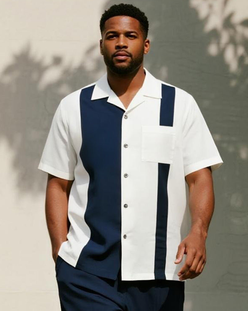 Big & Tall Blue Colorblock Striped T-Shirt Pants Set for big men view 2