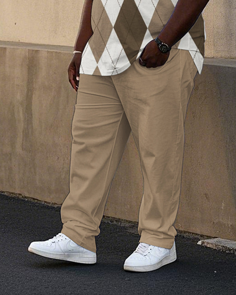 Big & Tall White Brown Plaid Polo Pants Set for big men view 4