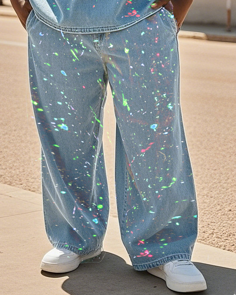 Big & Tall Denim Splash Ink T-Shirt Pants Set for big men view 3