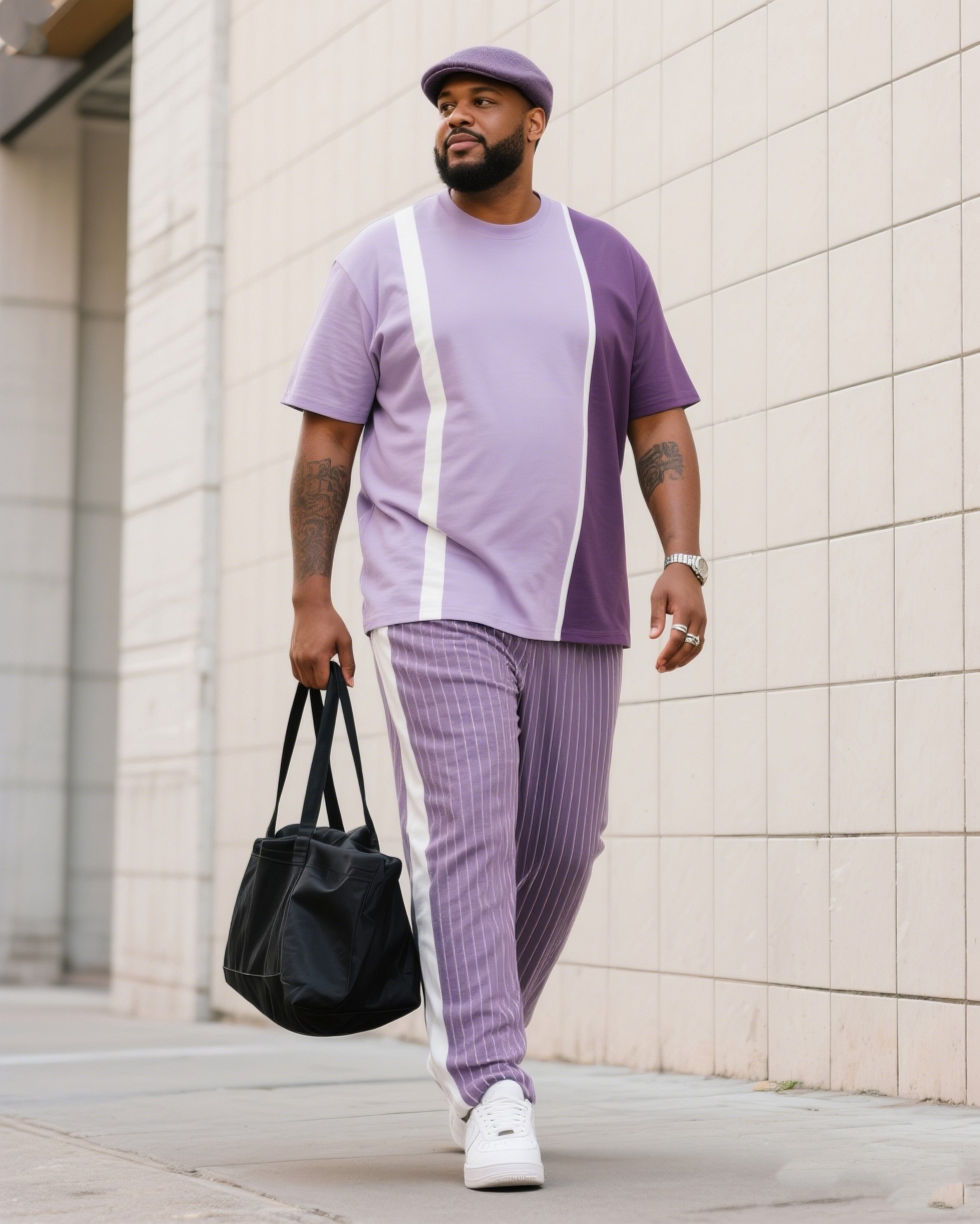 Big & Tall Purple Striped Streetwear Two-piece Set for big men view 1
