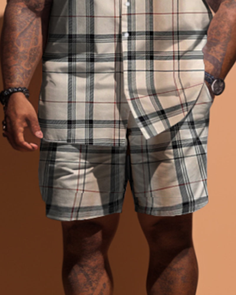 Big & Tall Khaki Plaid T-Shirt Shorts Set for big men view 3