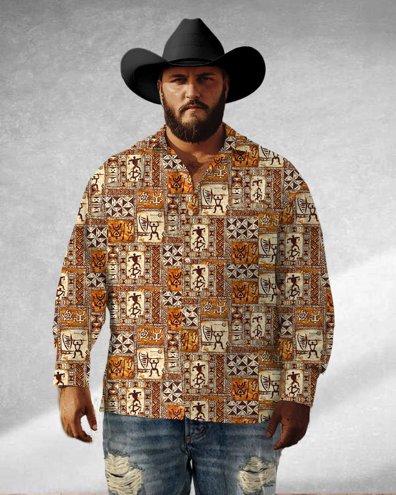 Big & Tall Western Denim Geometric Long Sleeve Shirt for big men