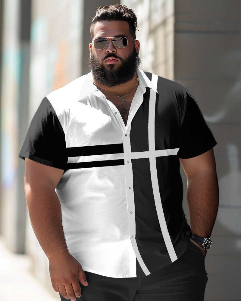 Big & Tall Striped Patchwork Short Sleeve Shirt for big men
