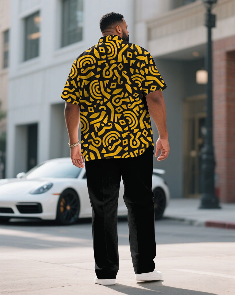 Big & Tall Black Yellow Geometric T-Shirt Pants Set for big men view 4