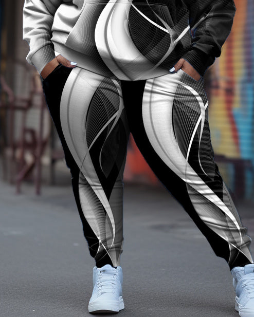 Big & Tall Black White Striped Hoodie Sweatpants Set for big men view 3