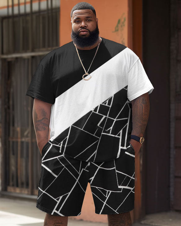 Big & Tall Geometric Patchwork T-Shirt Shorts Set for big men view 1