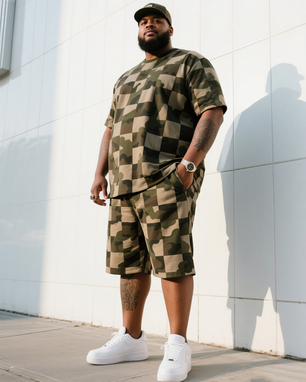 Big & Tall Plaid Camouflage T-Shirt Shorts Set for big men view 2