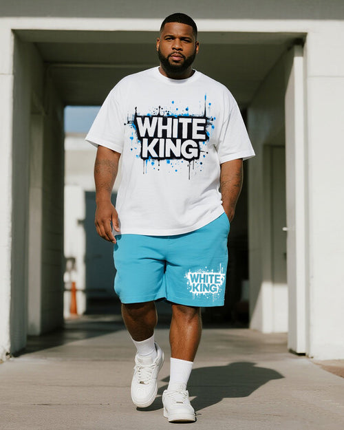 Big & Tall White Graphic Graffiti T-Shirt Shorts Set for big men view 1