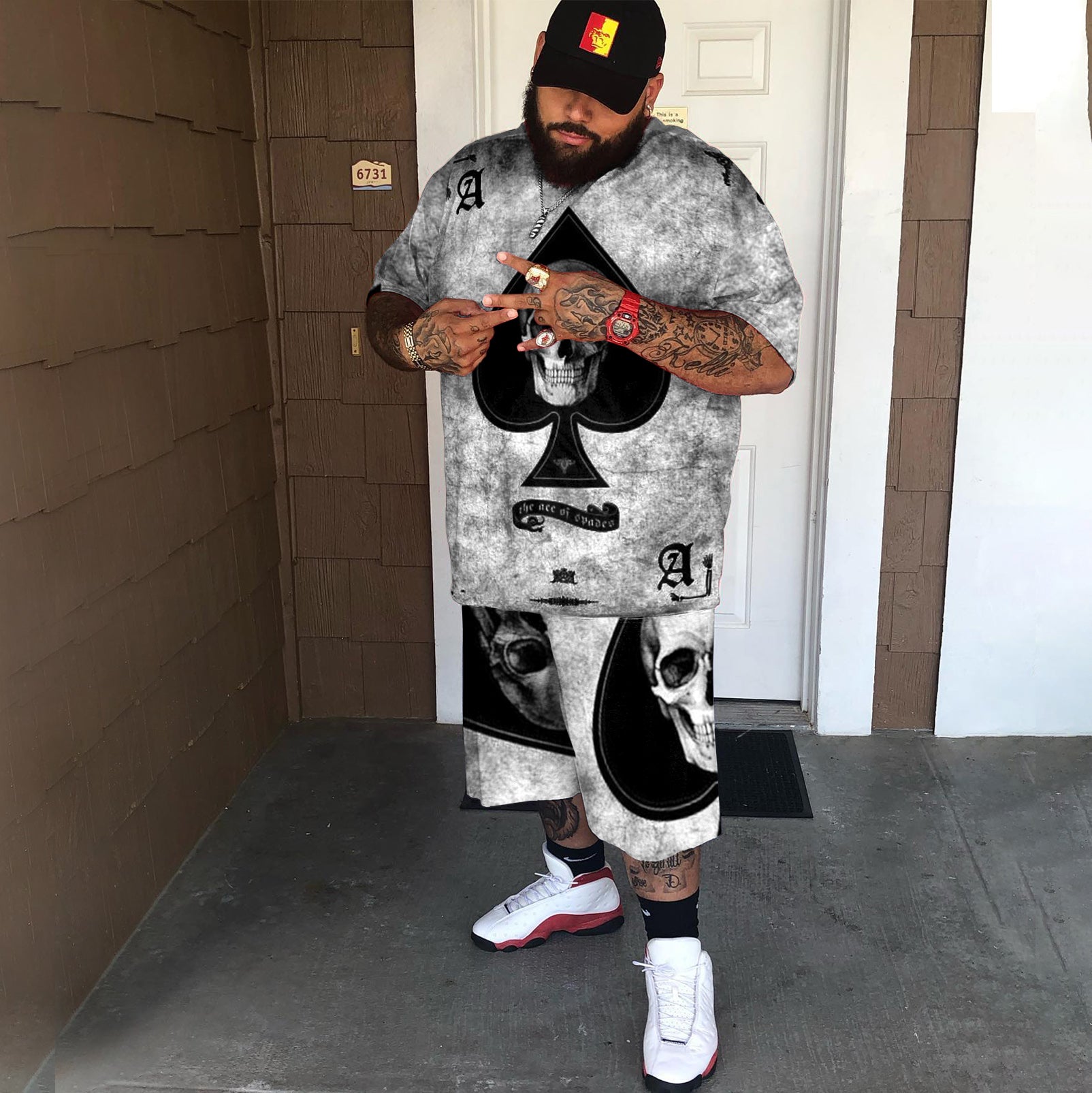 Big & Tall Black Skull T-Shirt Shorts Set for big men view 2