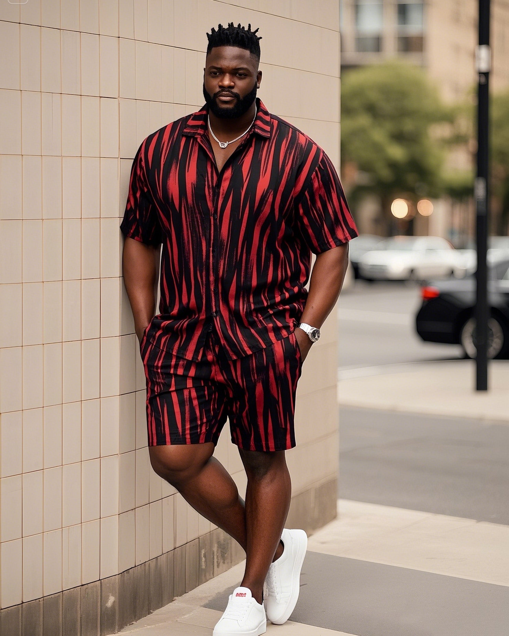 Big & Tall Colorblock Striped T-Shirt Shorts Set for big men view 1