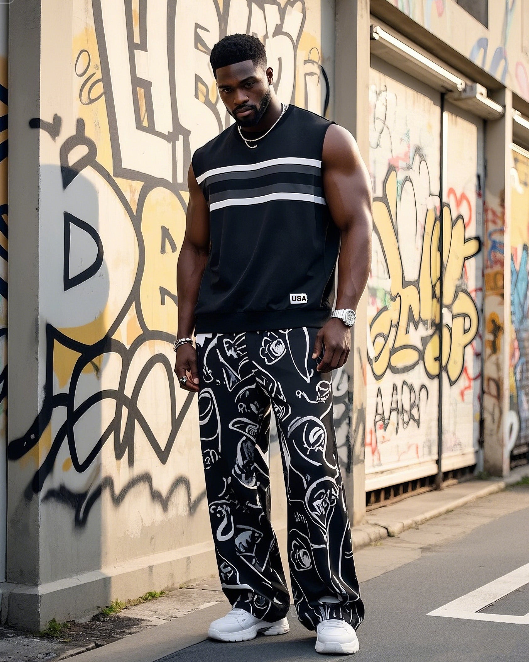 Big & Tall Striped Graphic Vest Pants Set for big men view 1